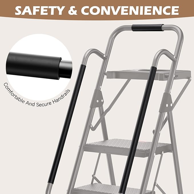 KINGRACK Step Ladder, Portable Folding Step Stool with Anti-Slip Wide Pedals, Heavy Sturdy Steel with Handrail, Safe-Lock Design, 800lbs Load Capacity, for Home and Kitchen, Black (5 Step Ladder)