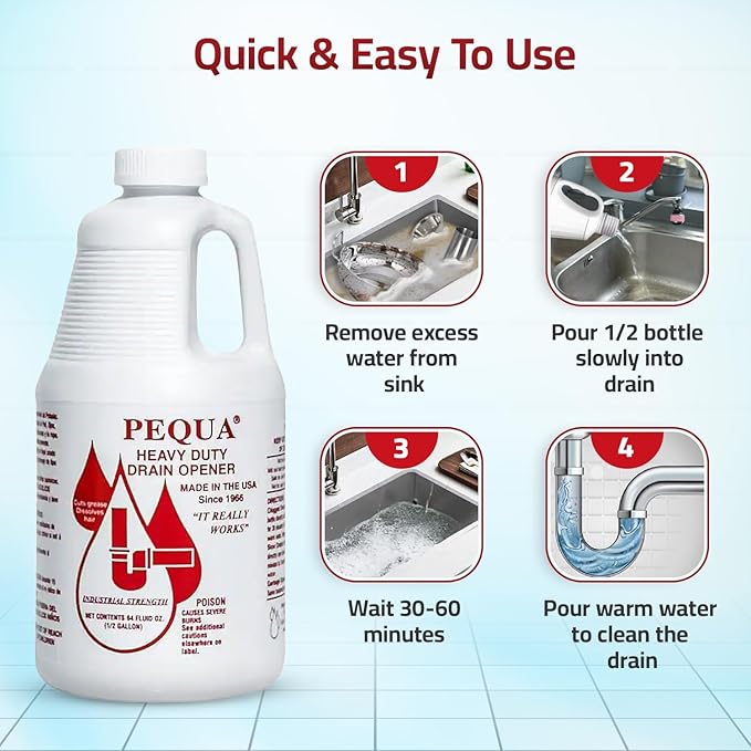 PEQUA INDUSTRIES 64 oz Pequa Heavy Duty Drain Opener - Powerful, Non-Acid, Fast-Acting Formula, Safe for All Pipes, Industrial strength Drain Cleaner for Sinks, Tubs, Septic Tanks (Pack of 2)