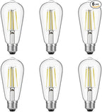 Vintage LED Edison Bulbs, 6W, Equivalent 60W, High Brightness Daylight 5000K, ST58 Antique LED Filament Bulbs with 90+ CRI, E26 Medium Base, Dimmable, Clear Glass, Pack of 6