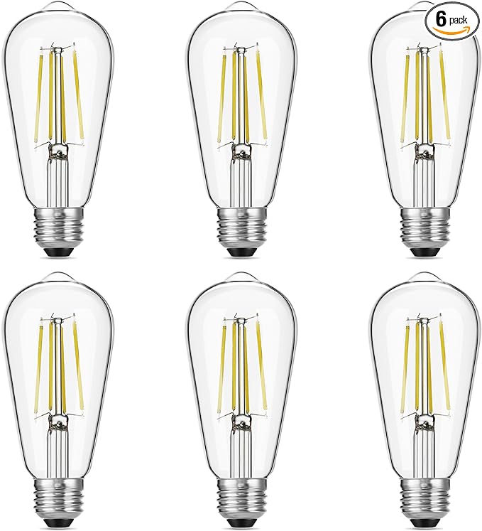 Vintage LED Edison Bulbs, 6W, Equivalent 60W, High Brightness Daylight 5000K, ST58 Antique LED Filament Bulbs with 90+ CRI, E26 Medium Base, Dimmable, Clear Glass, Pack of 6