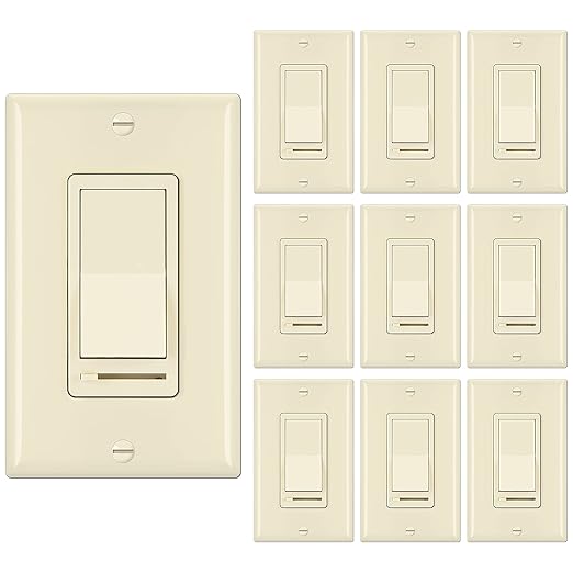 BESTTEN 10 Pack Almond Dimmer Light Switch, 3 Way or Single Pole Dimmer Switches, for Dimmable LED, Halogen and Incandescent Bulbs, 120V, Decorator Wall Plate Included, UL Listed