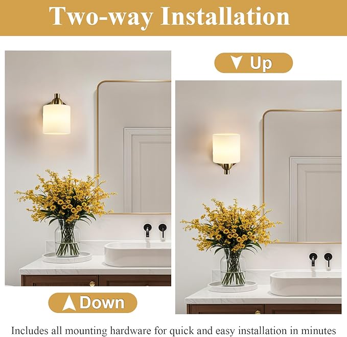 Gold Milk Glass Wall Sconces, 1 Pack Hardwired Indoor Wall Light Fixtures for Living Room, Hallway, Bedroom, Ceramic E26 Sockets (Bulbs Not Included)