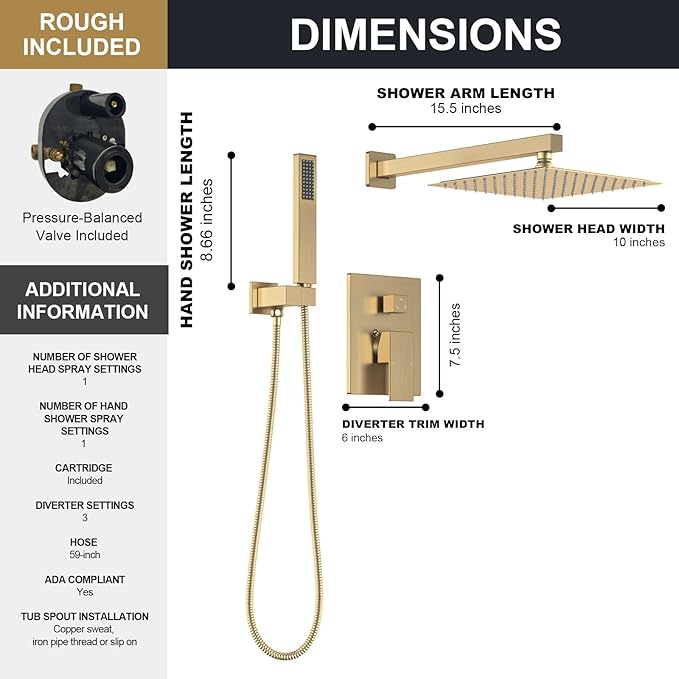 Lava Odoro Modern 3-Setting Square Shower and Tub Faucet Set with Shower Head and Handheld Sprayer Gold, Rainfall Shower System with Tub Spout, Shower Valve Trim Kit, Champagne Gold, SF103-SG-T