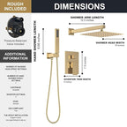 Lava Odoro Modern 3-Setting Square Shower and Tub Faucet Set with Shower Head and Handheld Sprayer Gold, Rainfall Shower System with Tub Spout, Shower Valve Trim Kit, Champagne Gold, SF103-SG-T
