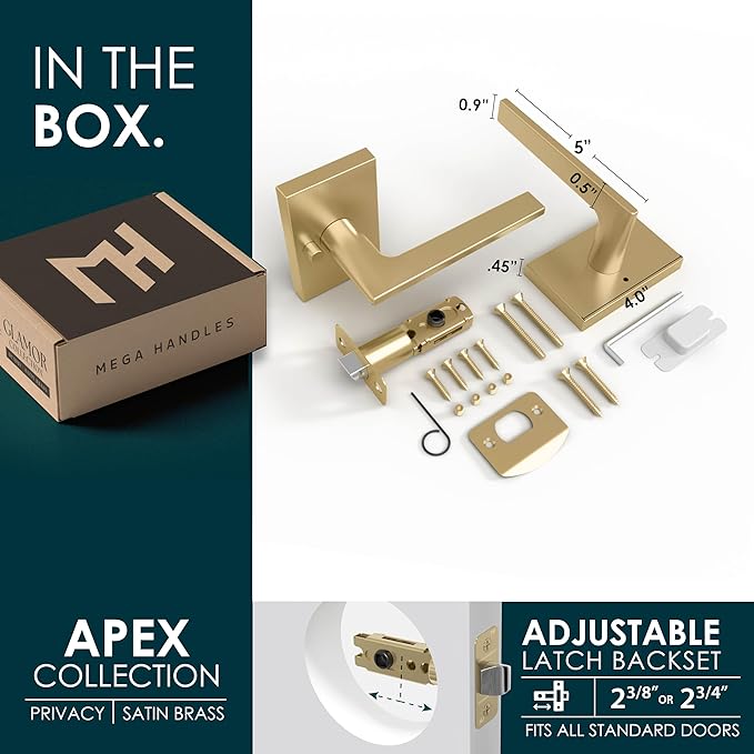 Mega Handles Apex Privacy Door Handle - 1 Pack Interior Reversible Gold Door Handle, Heavy Duty Bed & Bath Door Handles with Privacy Door Lock, Fits All Standard Doors - Satin Brass