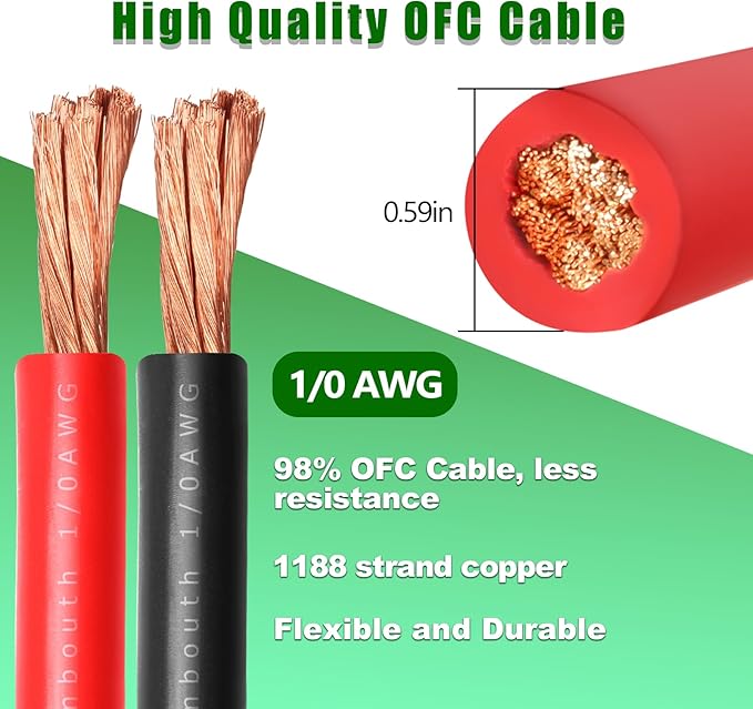 1/0 Gauge Battery Cable Copper Wire, 5FT Red+5FT Black 1/0 AWG Welding Cable Standard USA OFC Wire for Automotive, Battery, Solar, Marine and Generator