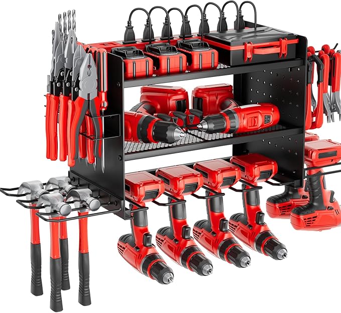 Power Tool Organizer Wall Mount, 3 Layer 8 Drill Holder Tool Shelf Storage Rack for Garage Organization, Birthday Gifts for Him Men Dad Husband Anniversary Fathers Day, Cool Gadget Stocking Stuffer