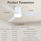 42 Inch Ceiling Fans with Lights and Remote,White Low Profile Ceiling Fan with Light,Flush Mount,Reversible,6 Speeds,3CCT Dimmable,for Bedroom,Living Room,Indoor Patio