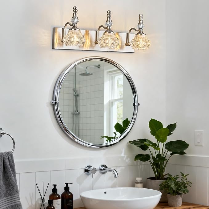 Modern Glass Crystal Vanity Light - Vintage Bathroom Lighting Fixtures Over Mirror, 3 Light Vanity Lights G9 Bulb (19.68 Inch, Nickel)