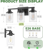 DORESshop 17 Inch Bathroom Light Fixtures, 3-Light Black Bathroom Lighting Fixtures Over Mirror with Glass Shade, Modern Vanity Lights for Hallway Bedroom, Includes Bulbs
