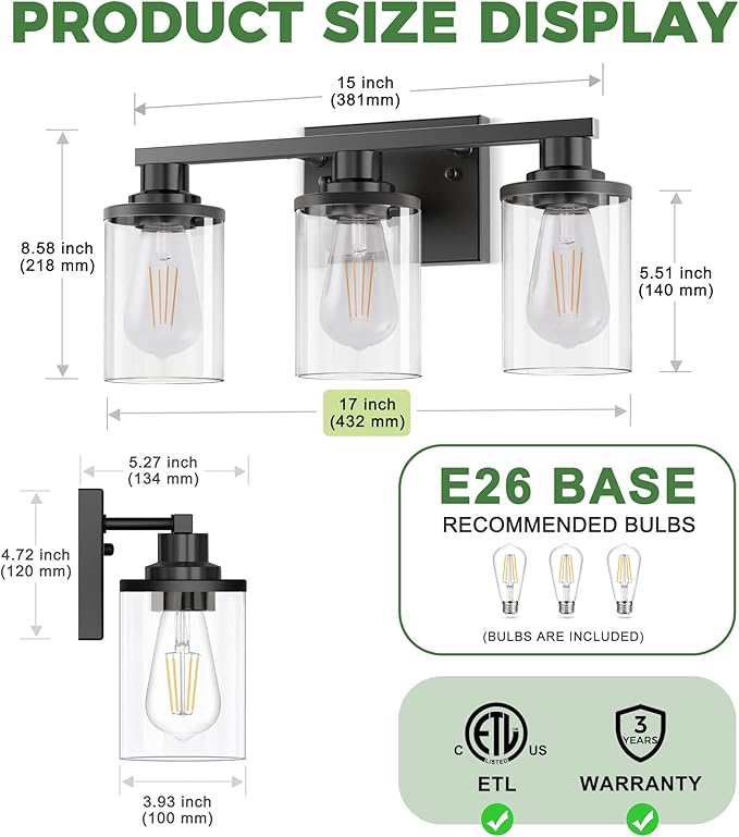 DORESshop 17 Inch Bathroom Light Fixtures, 3-Light Black Bathroom Lighting Fixtures Over Mirror with Glass Shade, Modern Vanity Lights for Hallway Bedroom, Includes Bulbs
