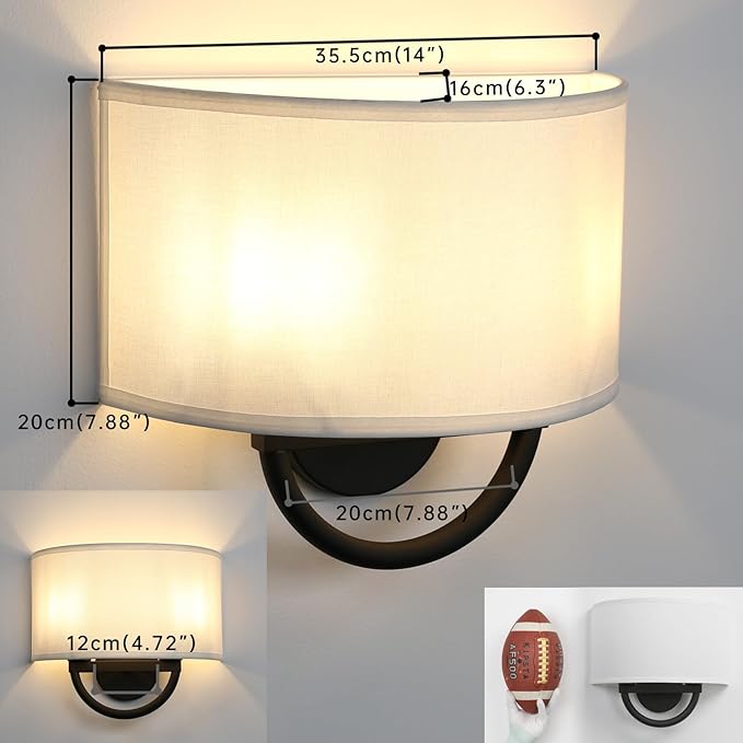 Industrial 2-Lights Wall Sconce Fixture with White Fabric Shade, Double Arm Wall Light Lamps Decor for Hallway Bedroom Living Room Bathroom Stairway