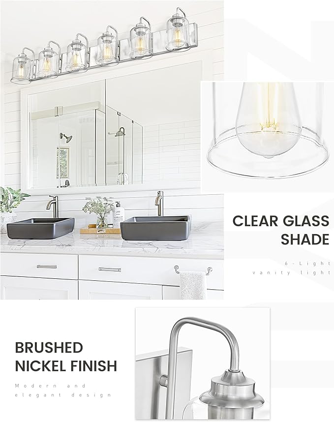 zeyu 6-Light Bathroom Wall Light Fixture, 44 Inch Modern Nickel Vanity Lighting Fixtures for Bedroom, Brushed Nickel Finish with Clear Glass Shade, ZSL72B-6W BN