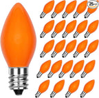 Abeja 25 Pack C7 Halloween Replacement Light Bulbs, Orange Ceramic Christmas Lights C7/E12 Candelabra Bulb for Indoor Outdoor Christmas Halloween String Light Bulbs Replacement, 5W