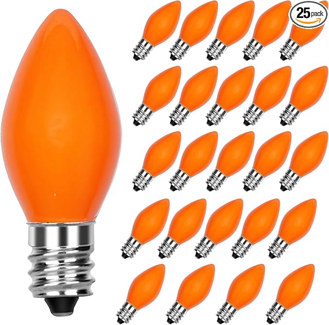 Abeja 25 Pack C7 Halloween Replacement Light Bulbs, Orange Ceramic Christmas Lights C7/E12 Candelabra Bulb for Indoor Outdoor Christmas Halloween String Light Bulbs Replacement, 5W
