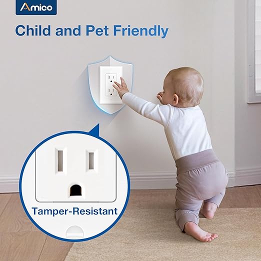 Amico 50 Pack Wall Outlet, 15 Amp Outlets, UL Listed, Tamper Resistant Standard Electrical Outlet, Decorator Receptacle with Wall Plate, Suitable for Home and Business, 125V/1875W, White