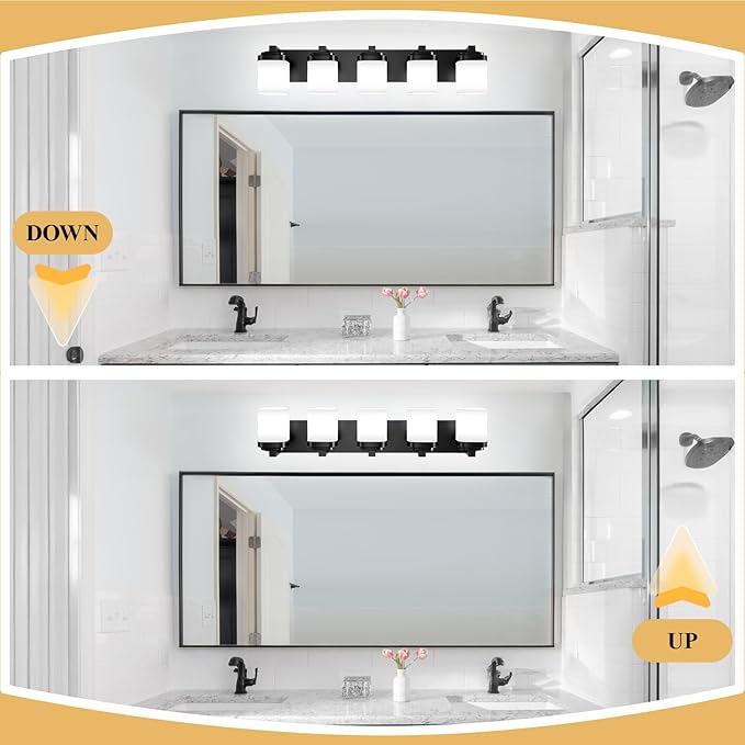 5-Light Black Bathroom Light Fixtures, E26 Base Vanity Lights for Bathroom Mirror Lamp with Milky White Square Glass Shade, Modern Wall Sconce Light Kitchen Light Fixtures Led Vanity