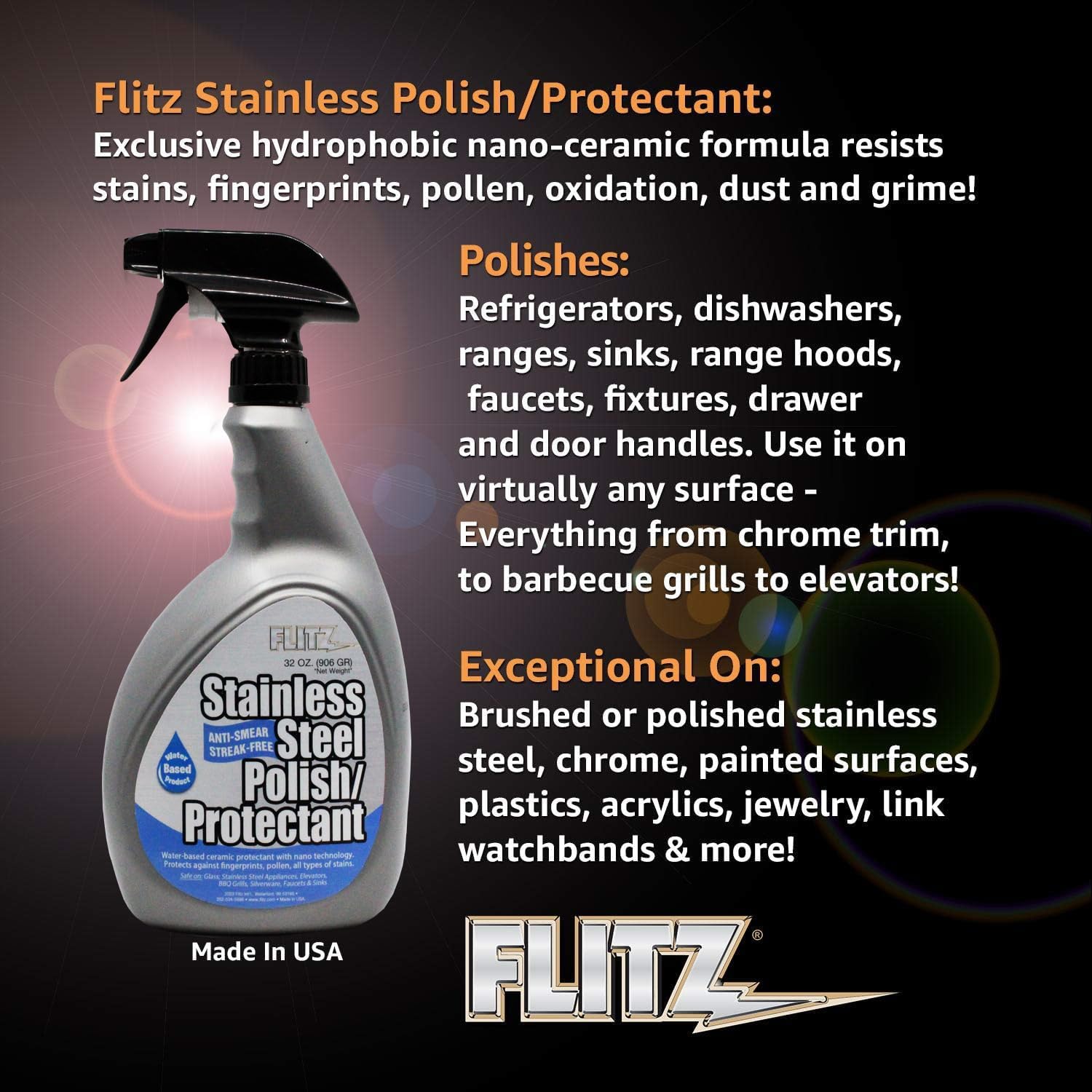 Flitz Stainless Steel Polish Protectant - 32oz Bottle, USA-Made Ceramic Coating for Stainless Steel Appliances, Repels Fingerprints & Water Spots - Aluminum & Chrome Polish & Protectant (1 Pack)