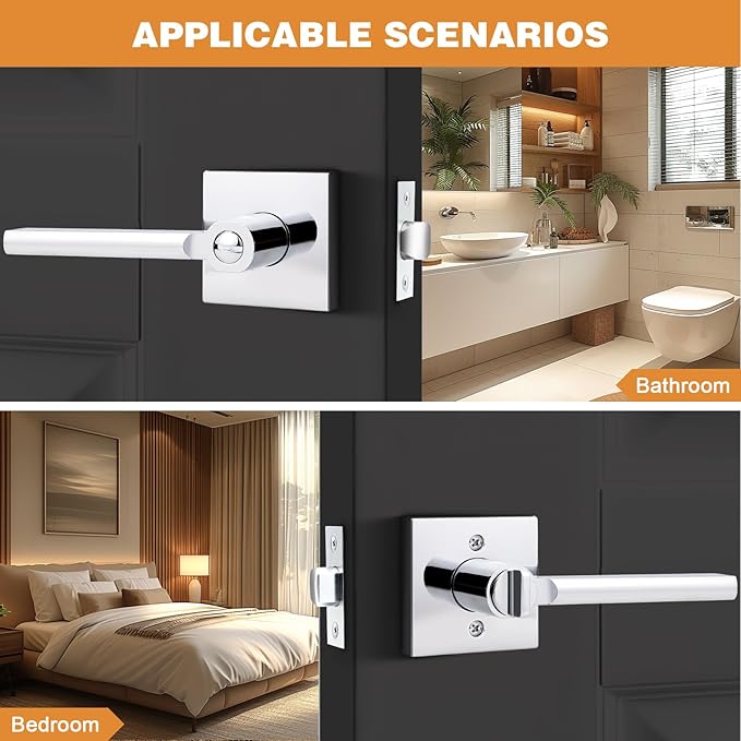 Probrico Polished Chrome Privacy Door Handle Lockset Heavy Duty Square Interior Door Lever for Bedroom or Bathroom Reversible Keyless Handleset Door Knob Slim Handed Levers, 10 Pack