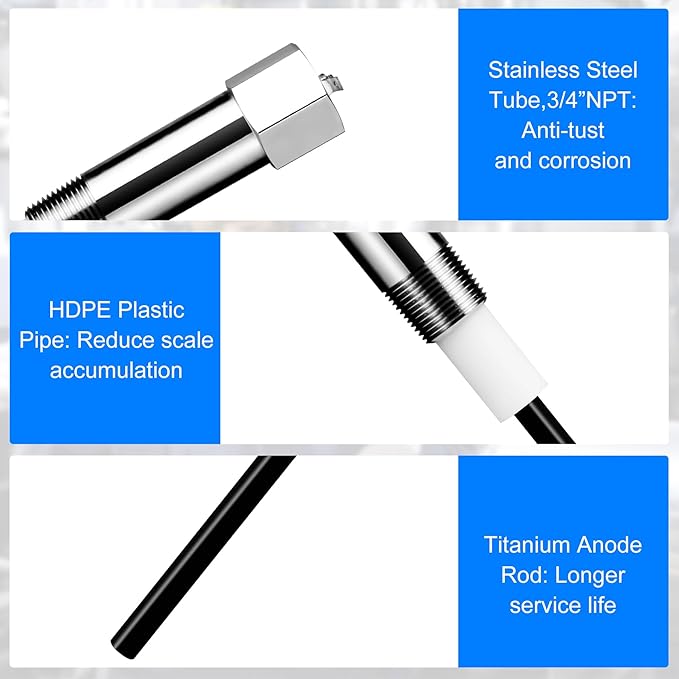 Powered Anode Rod for Water Heater(10-45 Gallon Tank) Electric Anode Rod Made of Titanium, Anti-rust, Anti-Corrosion, Reduce Scale,Water Heater Anode Rod Powered Anode Rod Titanium Anode Rod