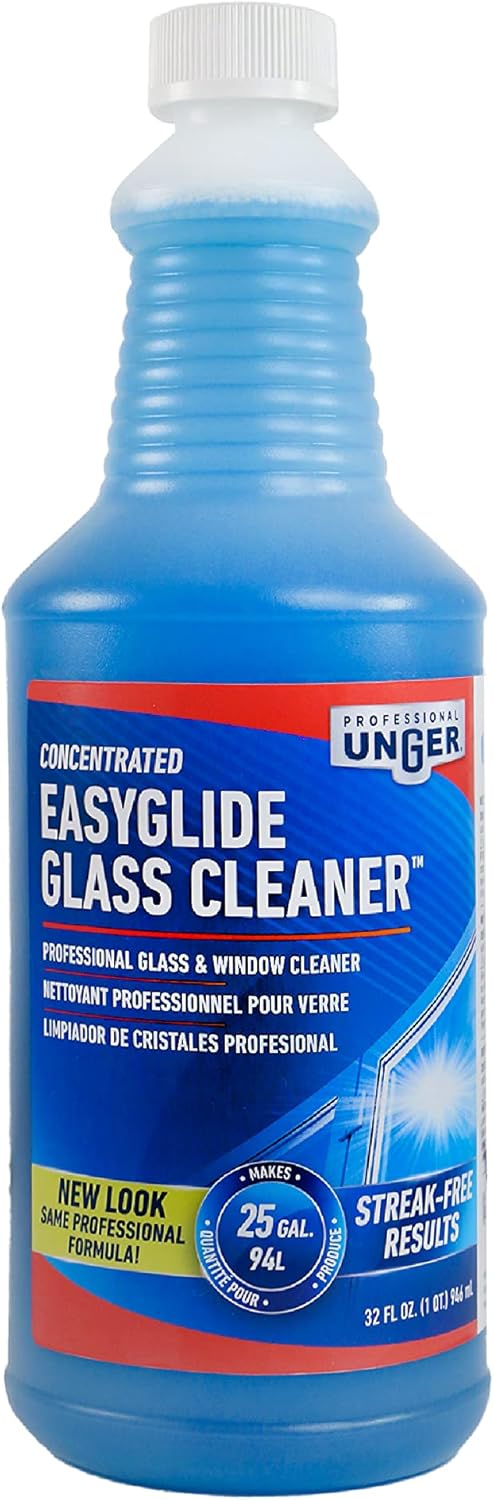Unger Professional Streak-Free EasyGlide Glass Cleaner Concentrate, 32 oz – Ammonia-Free, Makes 25 Gallons of Solution , Safe for Tinted Windows, LOW-E Glass, Windshields & Mirrors