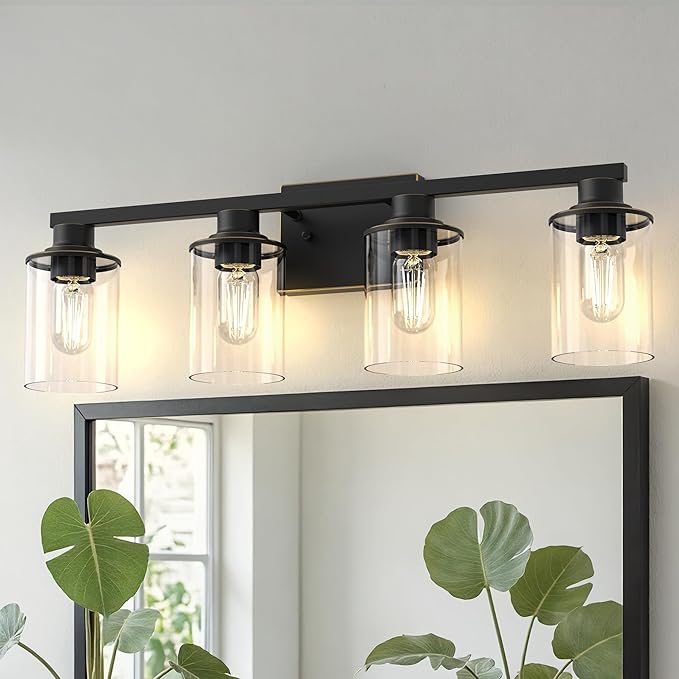 DORESshop 4-Light Vanity Light Fixtures, Black with Gold Trim Bathroom Light Fixtures Over Mirror with Clear Glass Shade, Modern Vanity Lights for Living Room Bedroom