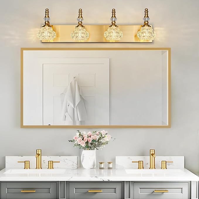 Modern Glass Crystal Vanity Light - Vintage Bathroom Lighting Fixtures Over Mirror, 4 Light Vanity Lights G9 Bulb (27.55 Inch, Gold)