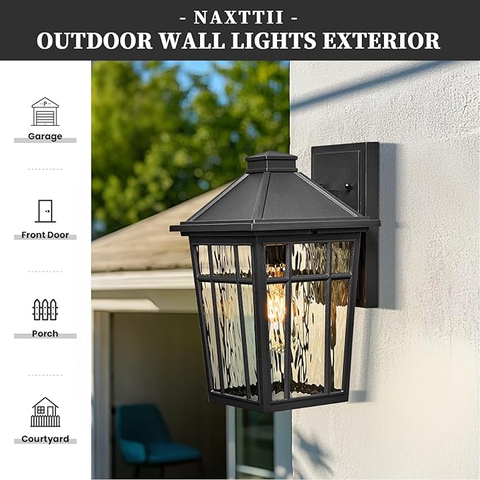 Outdoor Wall Lamps 11 Inch Outside Light Fixtures for House Black Aluminum Exterior Wall Sconce with Water Ripple Glass for Patio Porch and Garage E26 Socke Max 60W