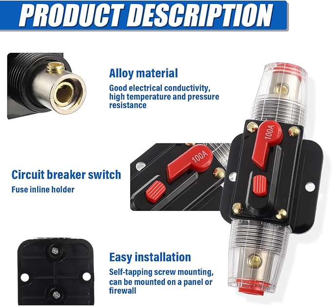 BOJACK 100A Audio Inline Circuit Breaker Reset Fuse Holder 12-24V DC Manual Reset Fuse Holder 3-15 AWG Overload Protection for Car Audio Sound Amplifier System RV Marine Boat Truck Solar Inverter