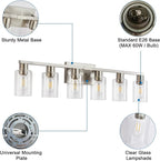 6 Light Bathroom Light Fixtures, Bathroom Vanity Light with Clear Glass, Brushed Nickel Bathroom Lighting Fixtures over Mirror, Large Vanity Lights for Bathroom, Vanity Lights for Mirror, Wall Sconce