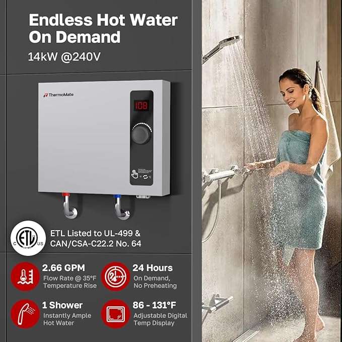 Tankless Water Heater Electric, ThermoMate 14kW 240 Volt On Demand Instant Hot Water Heater for Shower, Self-Modulating LED Display Knob Control, ETL Certified, 2.66GPM at 35°F Rise ET140