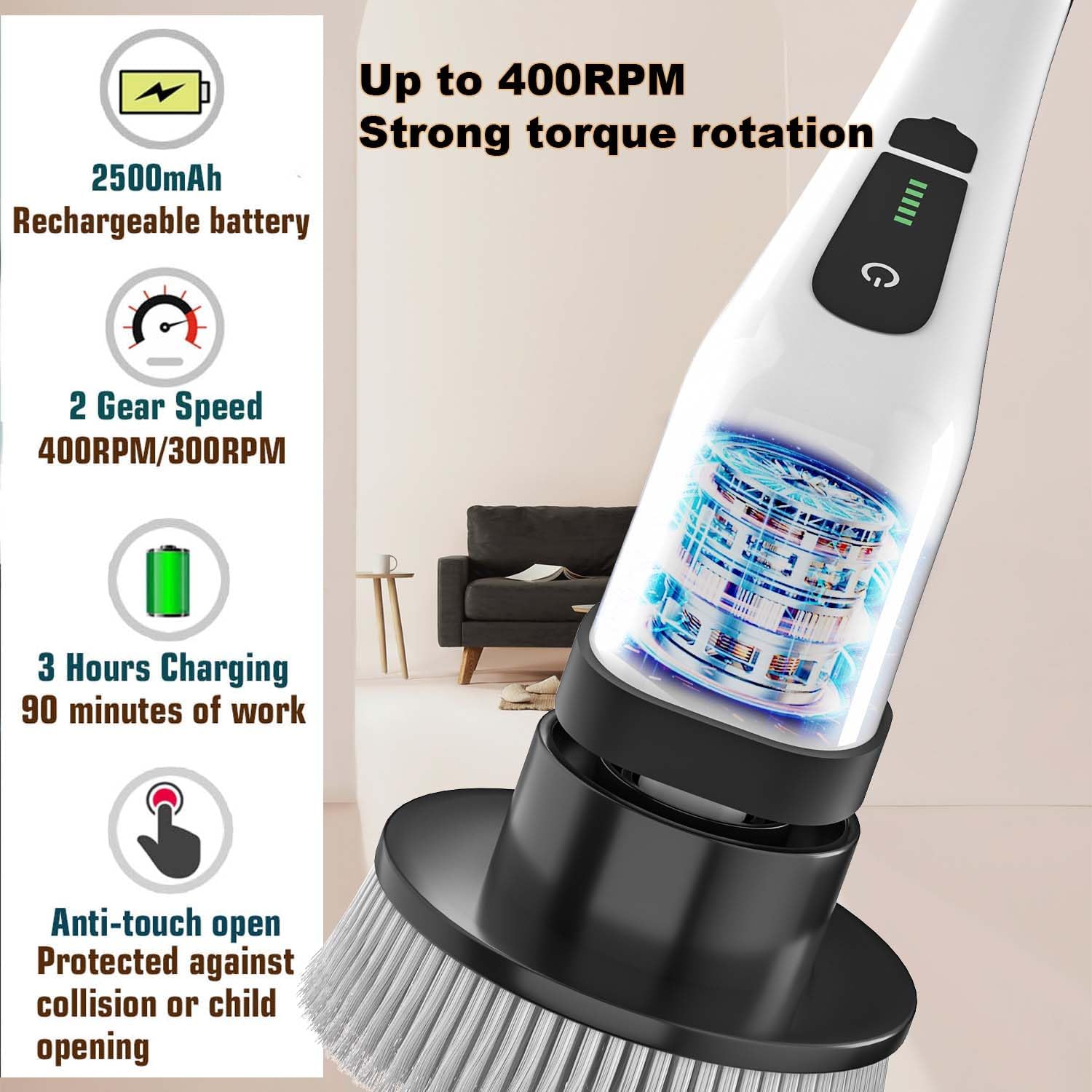 MGLSDeet Electric Spin Scrubber Scrub Brush, Retractable Handle Rechargeable Cleaning Brush with 7 Replaceable Brush Heads, Cordless Power Spin Scrubber 90Mins for Bathroom Shower Bathtub Glass Car