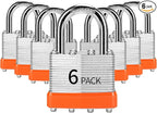 Laminated Steel Keyed Padlock (1-9/16", 40mm)，Keyed Alike Locks，Packed of 6，Normal Shackle Padlocks，Orange Plastic Hoops，for Toolbox，Locker & StorageUnit or More