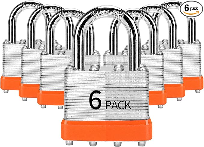 Laminated Steel Keyed Padlock (1-9/16", 40mm)，Keyed Alike Locks，Packed of 6，Normal Shackle Padlocks，Orange Plastic Hoops，for Toolbox，Locker & StorageUnit or More