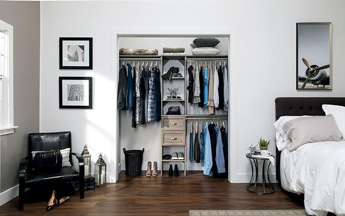 ClosetMaid SuiteSymphony Wood Closet Organizer Kit with Tower 3 Hang Rods, Top Shelves, 2 Drawers, Adjustable, Fits Spaces 5-9 ft. Wide, Graphite Grey