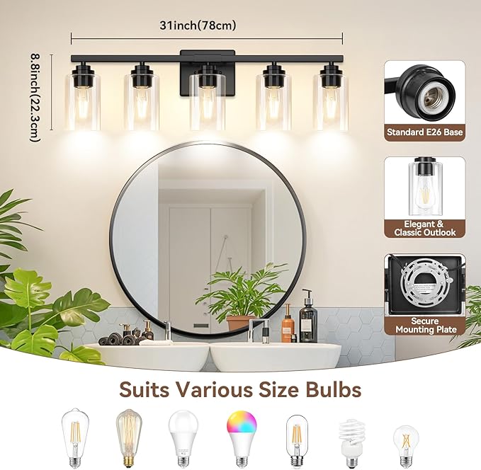 5-Light Bathroom Light Fixtures, 31" Modern Vanity Lights Over Mirror with Clear Glass Shades, Matte Black Light Fixture, Classic Wall Light Fixture for Mirror Living Room Cabinet Bedroom Porch