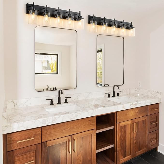 GoYeel Black Vanity Light Fixture 5 Light, Matte Black Bathroom Lighting Fixtures Over Mirror Bathroom Wall Light Modern Restroom Light Fixture Farmhouse with Clear Glass Shade