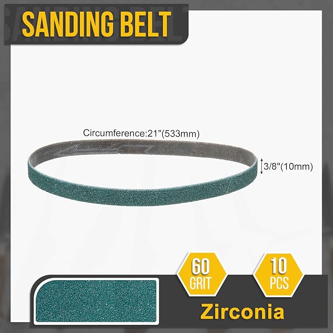 3/8 x 21 Inch Sanding Belt, 10 Pcs 60 Grit Zirconia Knife Sharpener Belts Work Sharpening for Belt Sander Knife Carving Tool Metal Working