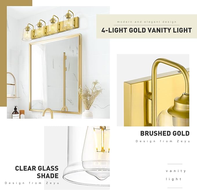 zeyu 4-Light Brushed Gold Vanity Light, Modern Wall Sconces for Mirror Kitchen Bedroom, Bathroom Wall Lights with Clear Glass Shade, ZSL72B-4W BG