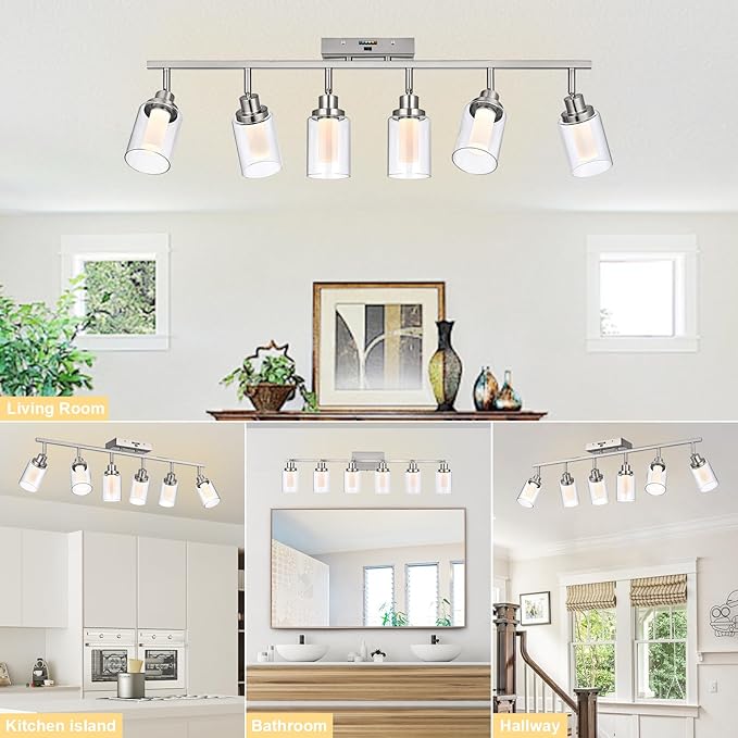 6-Light 5CCT LED Track Light Ceiling for Kitchen, Adjustable Directional Spotlight in Brushed Nickel Bathroom Lighting Fixture with Clear Glass & Frosted Colunm