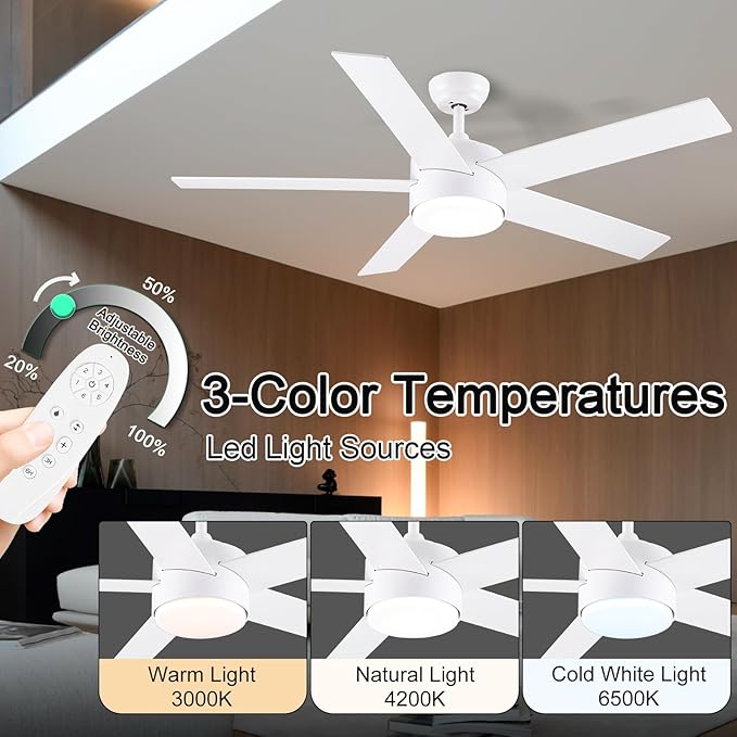 52 inch White Ceiling Fans with Lights and Remote, Reversible 5 Blades Modern Ceiling Fan for Bedroom, Living Room, Dining Room, LED 3 CCT 6-Speed Noiseless, ETL Listed