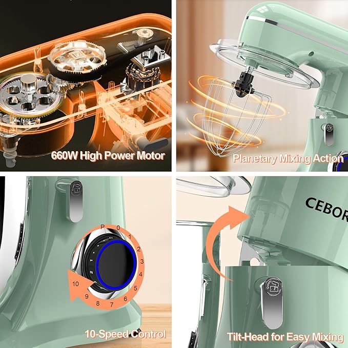 3-IN-1 Electric Stand Mixer, 6.5QT Bowl 660W 10-Speed Kitchen Mixer, Household Food Mixers include Dough Hook, Beater and Whisk, Bread Cake Mixer for Baking and Most Home Cooks, Agave Green