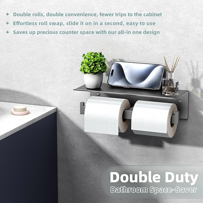 APLusee Gunmetal Gray Double Toilet Paper Holder with Shelf, 304 Stainless Steel Bathroom Tissue Roll Holder, Wall Mounted Paper Dispenser for Bathroom Kitchen, Fits Mega Rolls