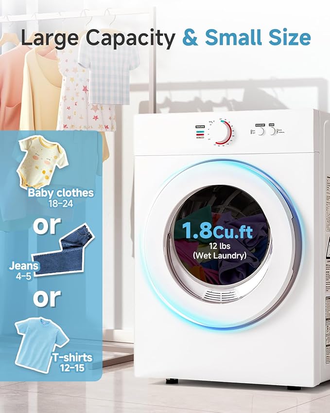 1.8 Cu.Ft Compact Dryer - 1020W Portable Clothes Dryer with Stainless Steel Tub, Front Load Tumble, Four Functions - Compact Drying Unit for Laundry, Apartments, Dorms