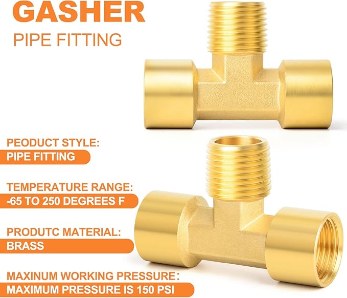 GASHER 2PCS Metals Brass Pipe Fitting Barstock Male Branch Tee T Adapter 3/8" Female x 3/8" NPT Female x 3/8" NPT Male