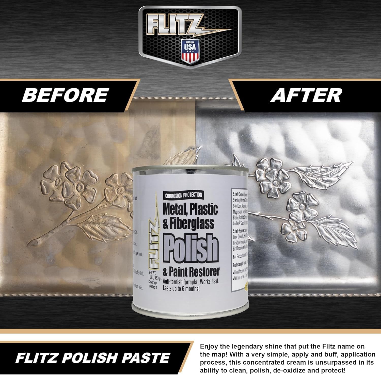 Flitz Multi-Purpose Metal Polish Paste - 1lb Can of USA-Made Chrome Polish - Works on Stainless Steel, Aluminum, Plastic, Jewelry and Cars - Non-Abrasive Cleaner & Rust Remover (1 Pack)