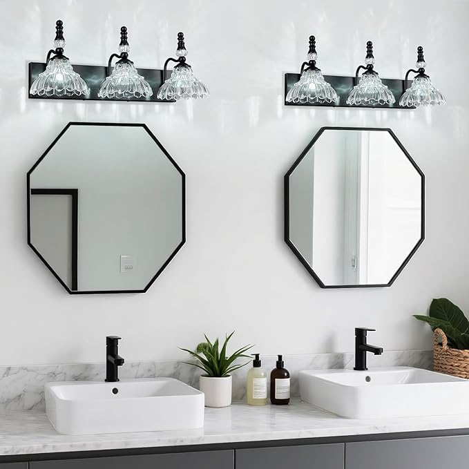 Vintage Bathroom Vanity Light, 3-Light Black Vanity Lighting Fixture with Flower Glass Shade, Bathroom Lighting Fixtures Over Mirror