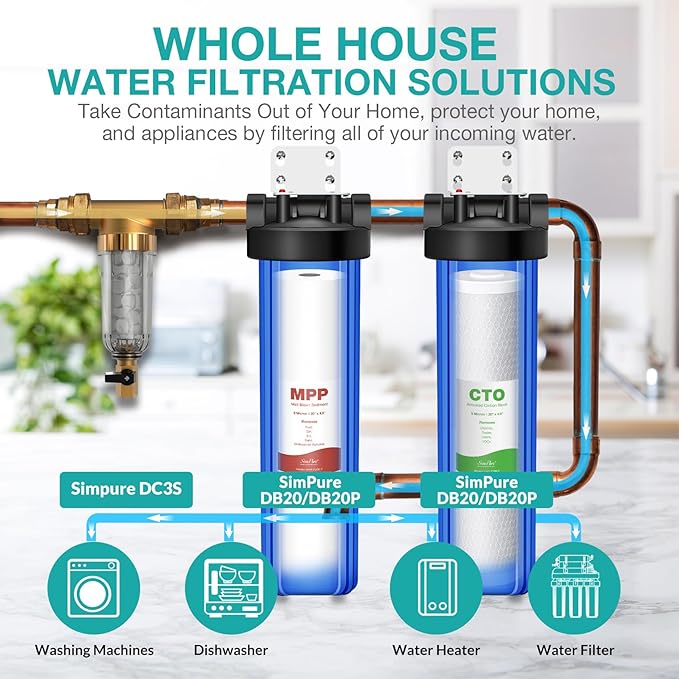 SimPure Whole House Water Filter, 20" x 4.5" BB Activated Carbon Block Filter Replacement Cartridge Coconut CTO Filter (4 Pack)