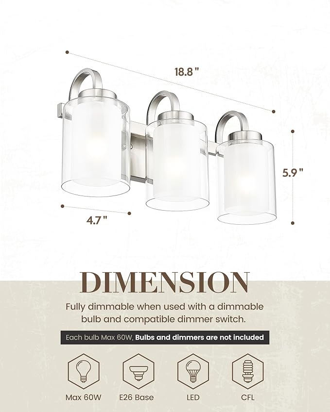 TENGXIN 3-Light Bathroom Vanity Light, Brushed Nickel Vanity Light Over Mirror, Farmhouse Wall Sconces with Dual Glass Shade, Modern Wall Lamp for Bathroom Hallway Living Room