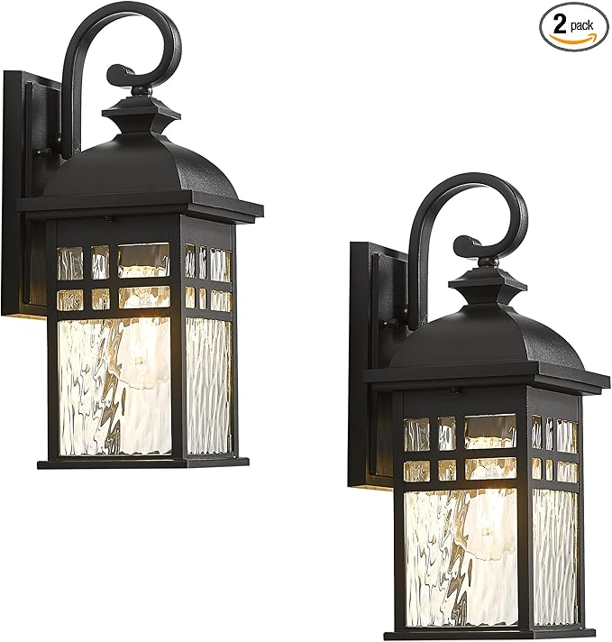 Outdoor Light Fixtures Black Aluminum Outside Wall Lantern with Water Ripple Glass Waterproof Wall Sconce Porch Lights for Patio Doorway 2-Pack E26 Socket